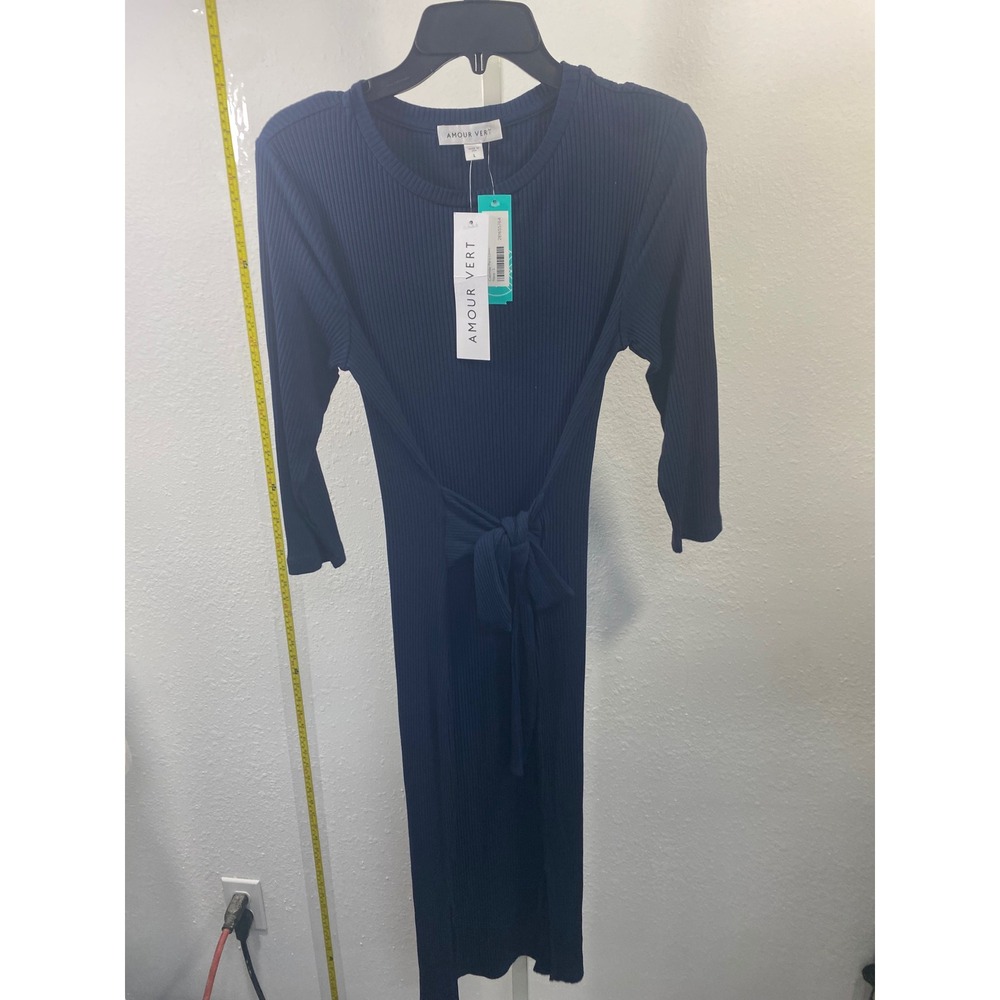 Amour‎ Vert Colombe Paris Dress Navy Blue Ribbed Knit Tie Waist Midi Large NWT